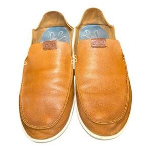 OluKai Kakaha Men’s 13 Brown Leather Slip On Loafer Fold Down Heel Comfort shoe